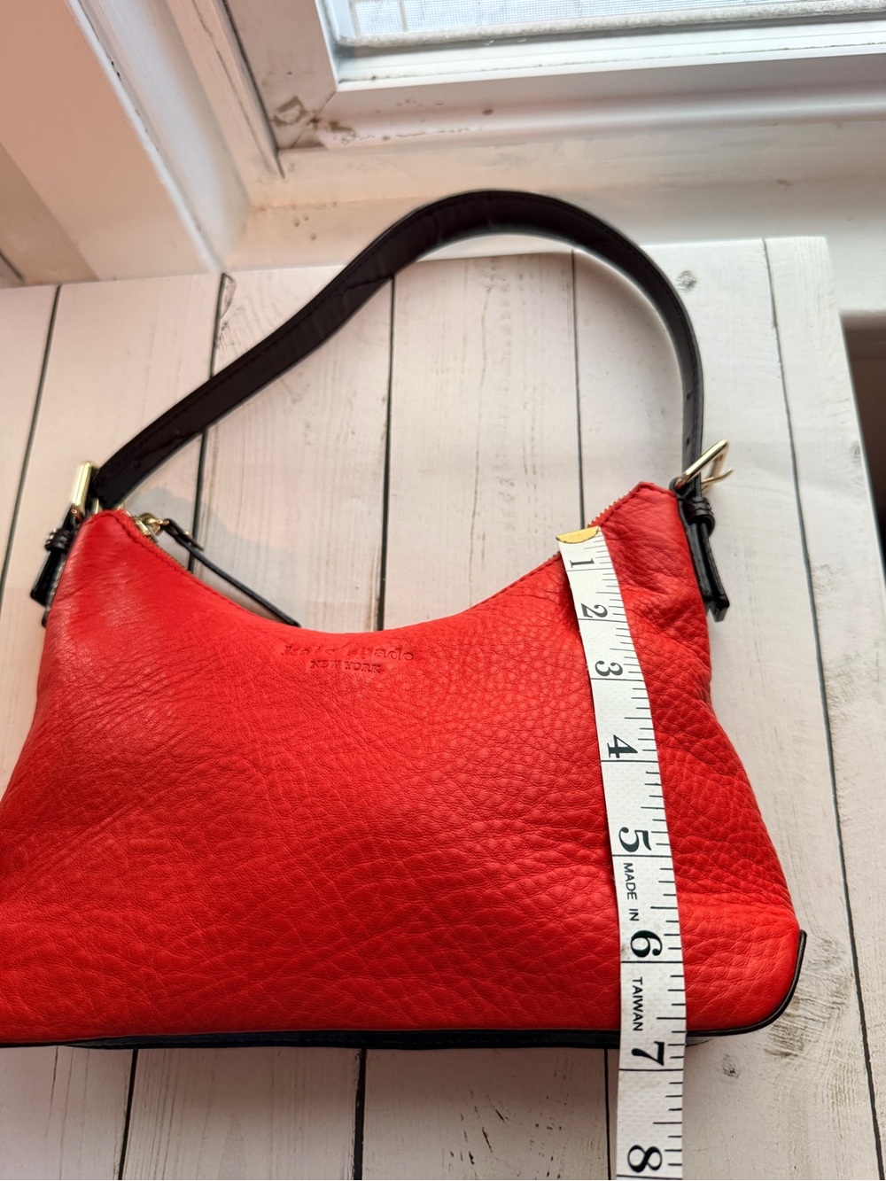 Kate Spade | Red Pebbled Leather Mini Hobo Bag with Black/Brown Patent Trim - Picture 10 of 14